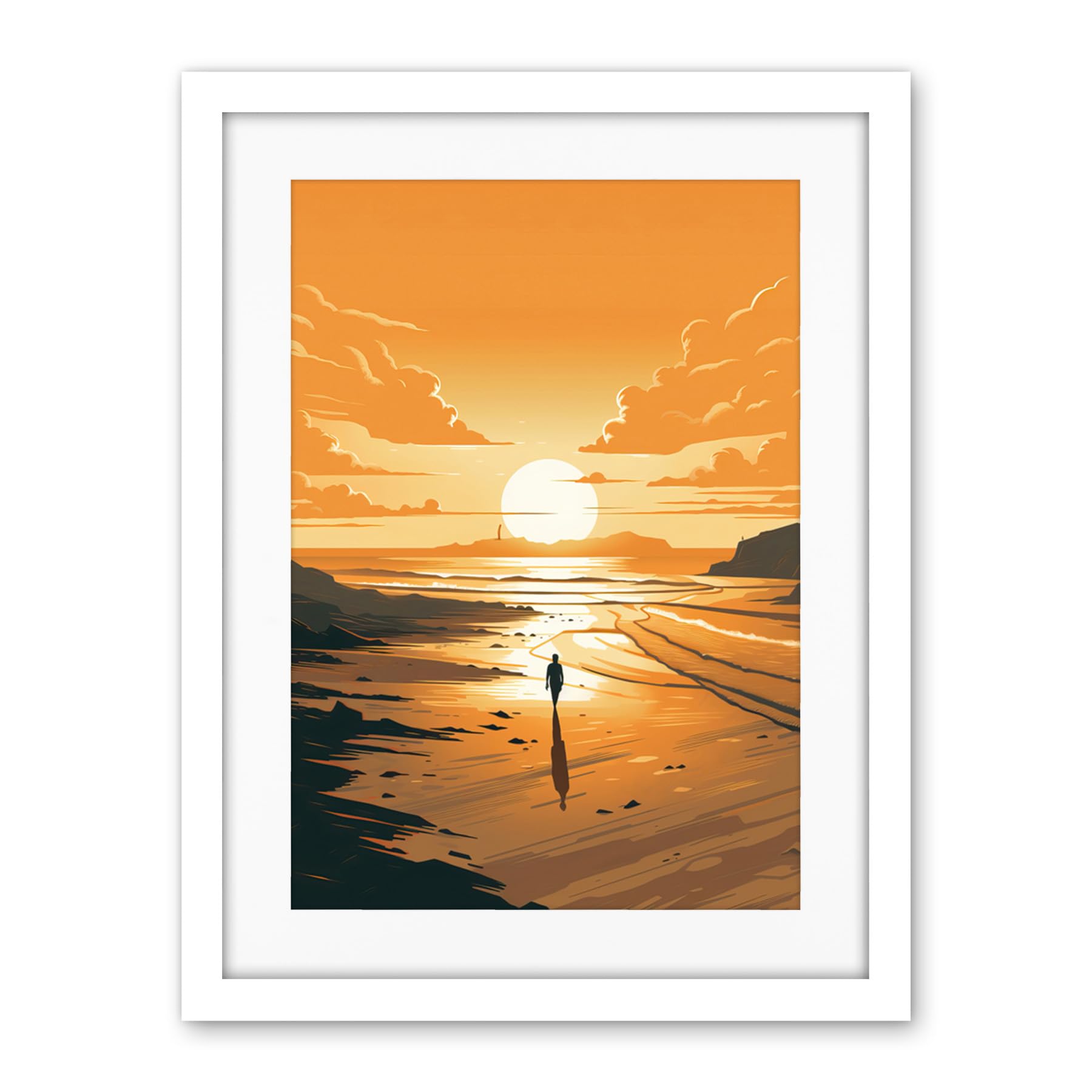 Artery8 Walk into the Sunset Sand Beach Coastal Landscape Artwork Framed Wall Art Print 18X24 Inch