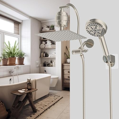 Miniatura 9 de Hibbent All Metal - Cabezal de ducha filtrado de 10 pulgadas, cabezal de ducha de mano de alta presión con brazo de extensión curvado ajustable de
