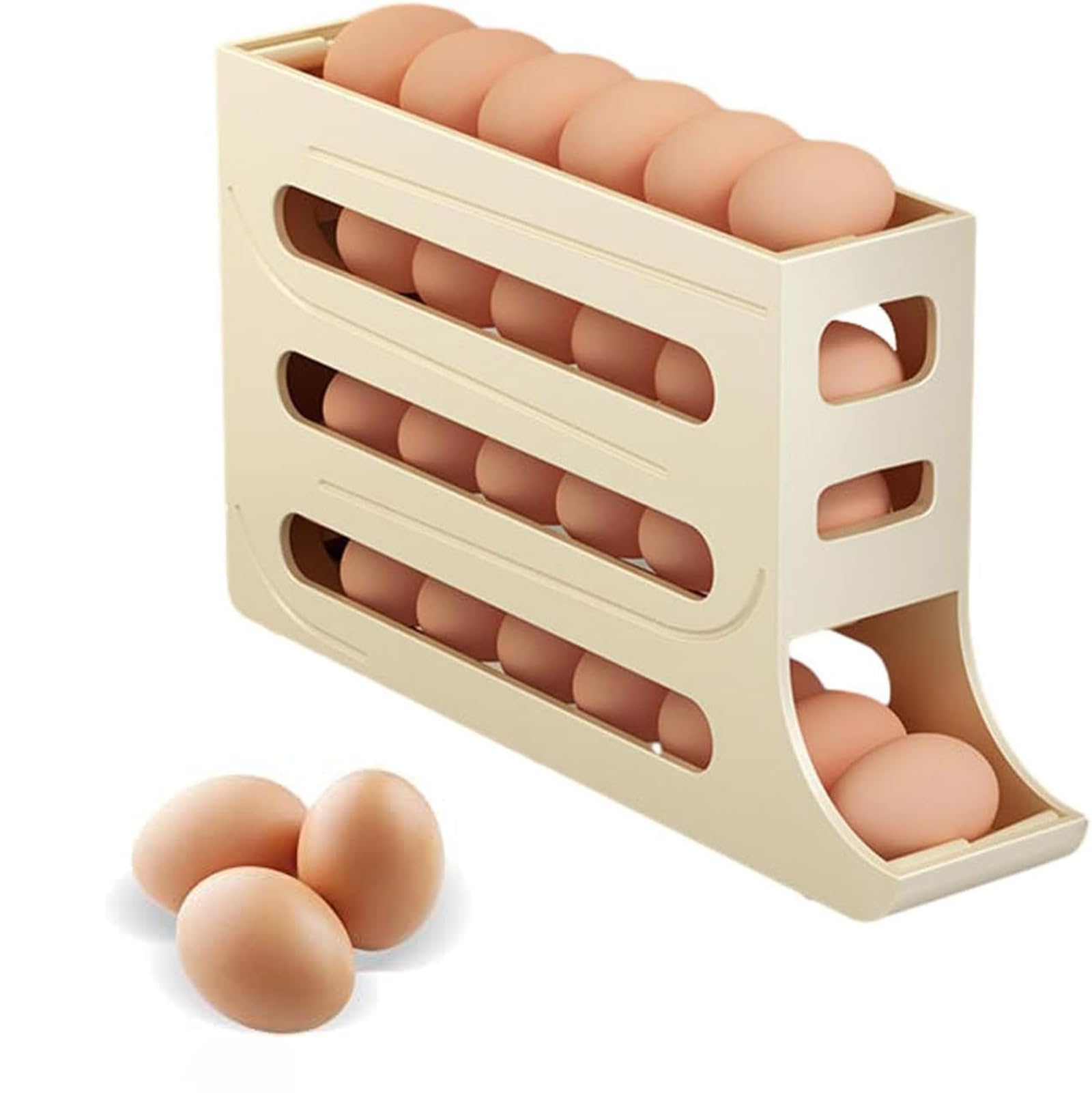 COOLBABY 4-Layer Egg Storage Rack, Auto Rolling Fridge Egg Organizer, 30 Eggs Auto Rolling Egg Dispenser, Space-Saving Egg Holder Rack for Refrigerator Kitchen Cabinet (Milk yellow)