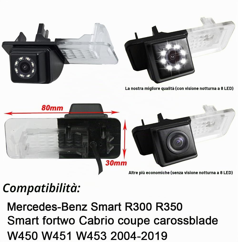 【Visione notturna a 8 LED】 Telecamera per retrovisione con luce targa di alta qualità, sostituzione per Smart R300/R350/Smart Fortwo Cabrio coupe carossblade W450 W451 W453 2004-2019
