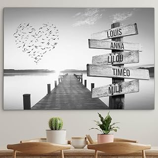 Toile personnalisée avec cadre prénom famille Coeur et ponton coucher de soleil Noir et Blanc tableau … (30 x 20 cm)