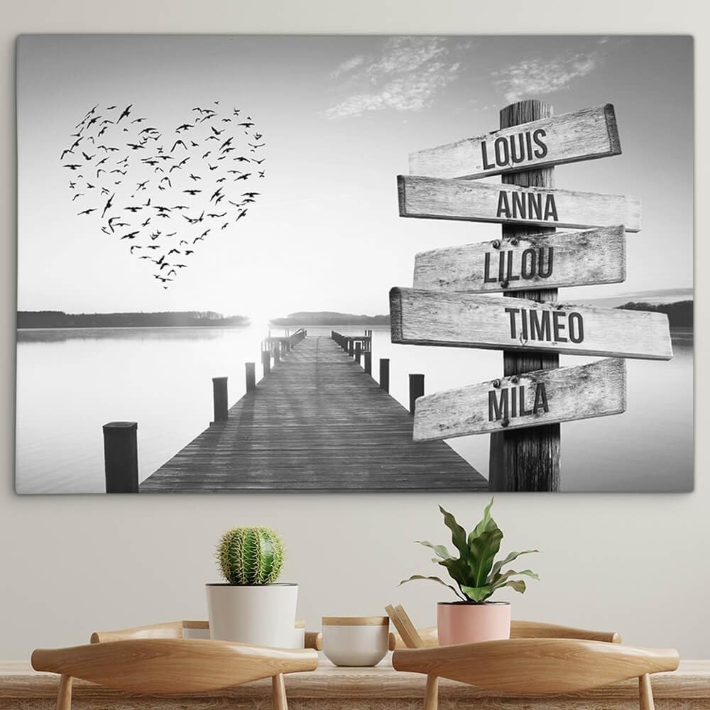 Toile personnalisée avec cadre prénom famille Coeur et ponton coucher de soleil Noir et Blanc tableau … (60 x 40 cm)