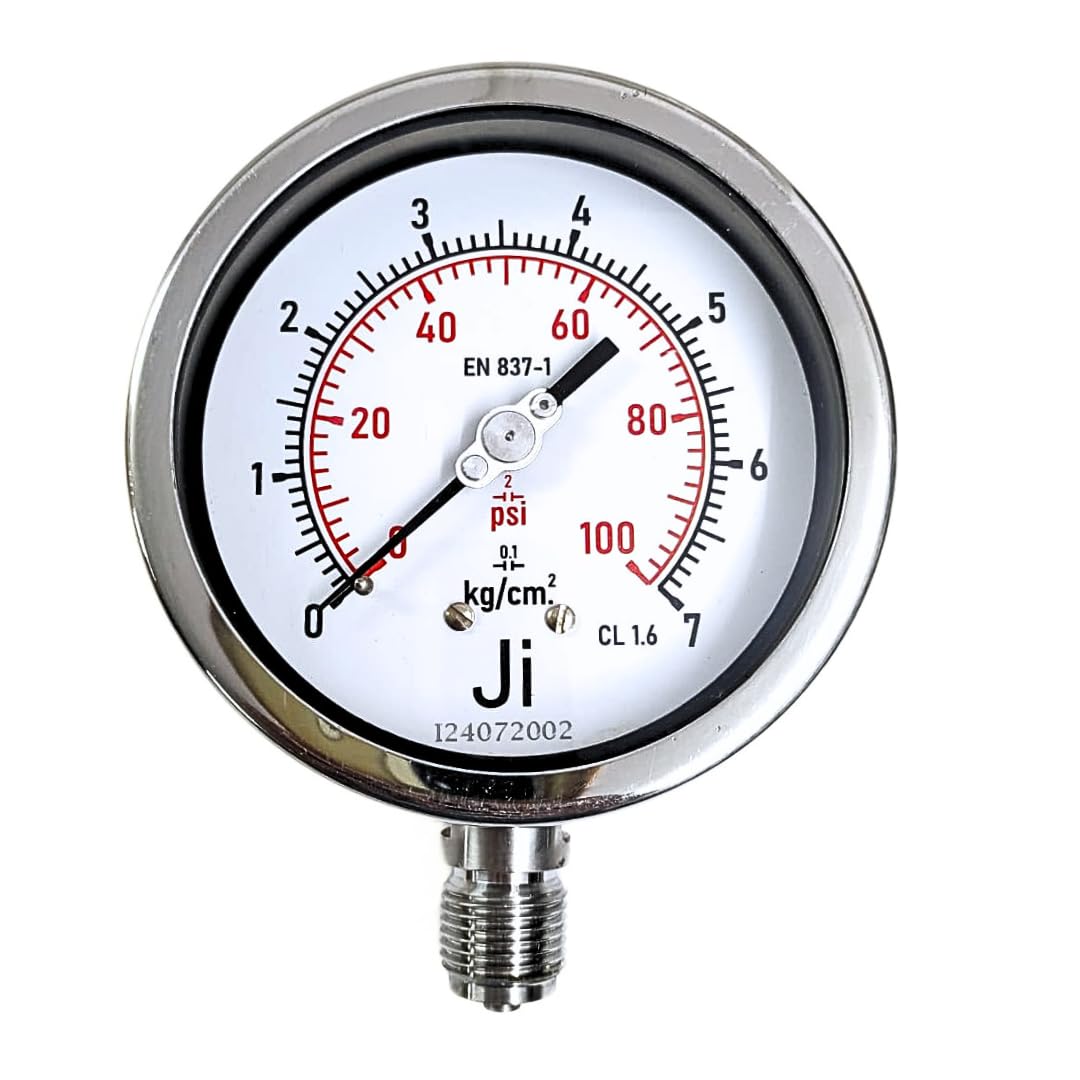 "Ji" Japsin Instrumentation Industrial Pressure Gauge, 4" Dial, Range 0 to 7 Kg/Cm2 with Dual Scale of 100 PSI, Direct Mounting Bottom Entry, 1/2" BSP (M) Connection, SS Case & SS Wetted Parts-image-40