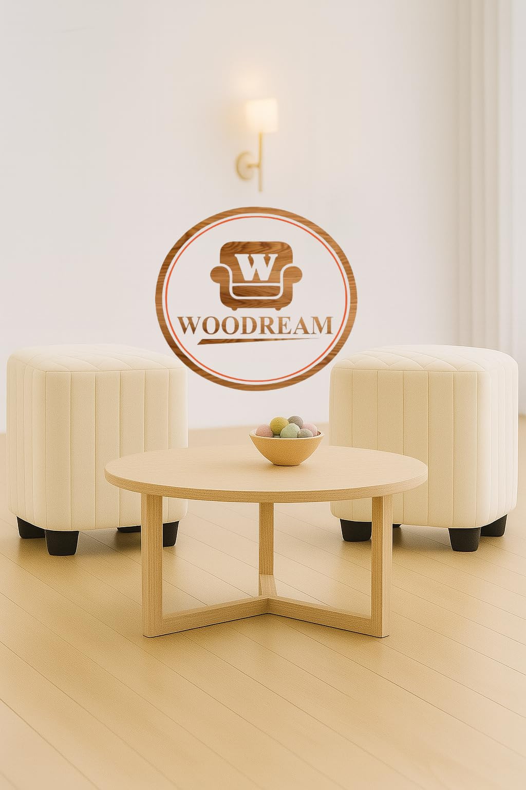 WOODREAM Mango Wood Pouffes Sitting Stool for Living Room | Mudda Puffy Wooden Ottoman Stools | Kitchen Pouffe Footstool for Home Decoration & Dressing Table | 17x18 Inch, Square (Cream,Set of 2)-image-0