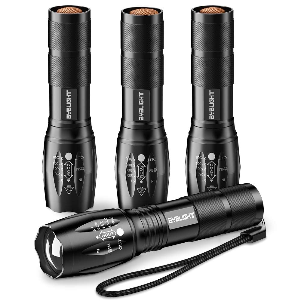 Pack of 4 Tactical Flashlights, BYBLIGHT 800 Lumen Ultra Bright LED Flashlight with 5 Modes, Zoomable, Waterproof, Handheld Small Flashlight for Outdoor Camping, Fishing and Hunting (Black) - - 