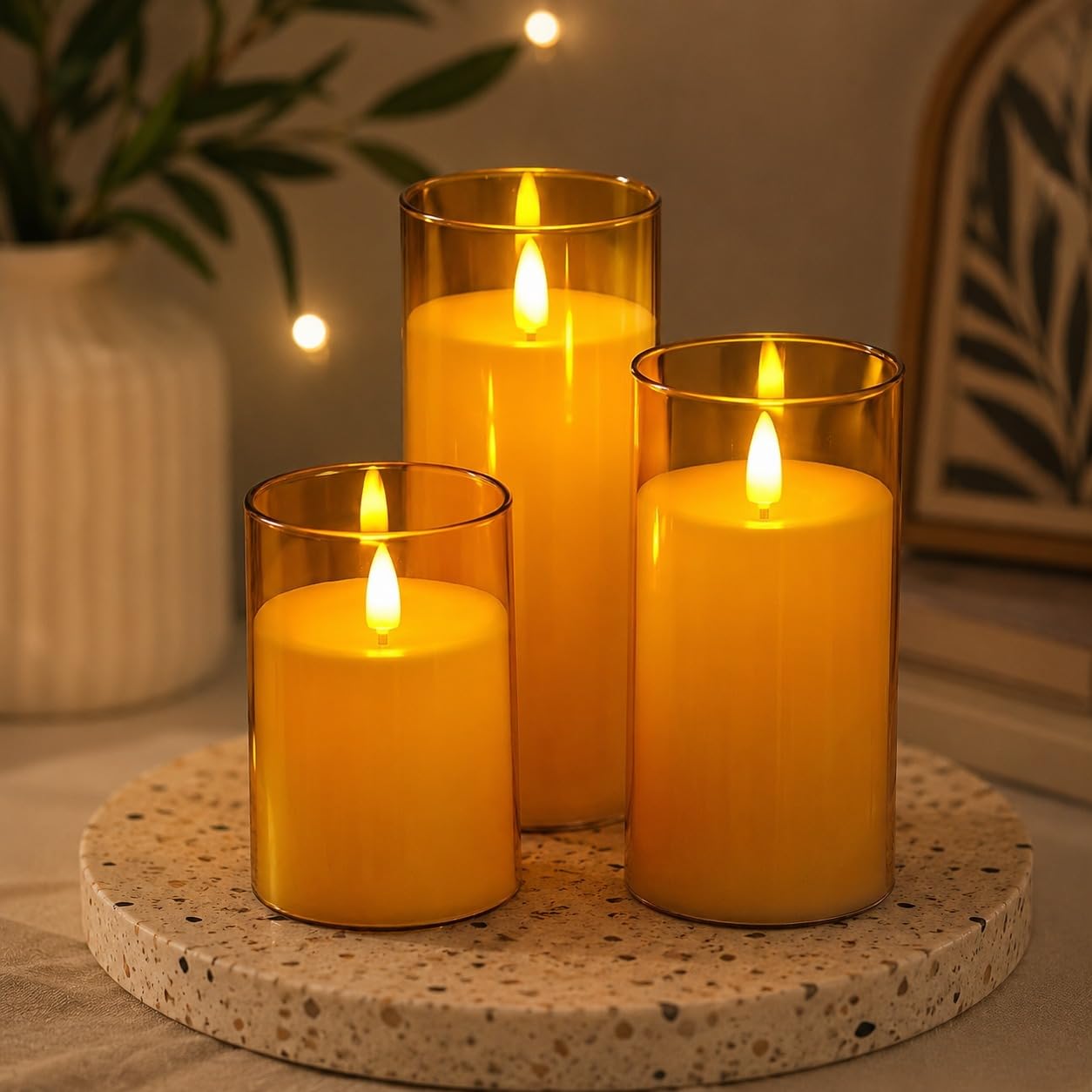 VERVENIX Flameless LED Pillar Candles with Clear Glass Effect Cover (Set of 3) – Battery Operated Flickering Candle Lights for Home, Parties, Weddings & Decoration