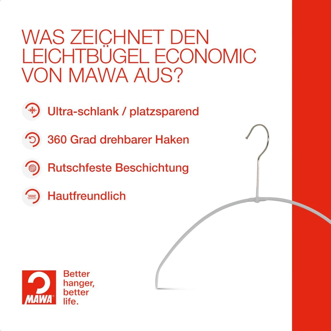 MAWA Kleiderbügel Light, Set mit 20 platzsparenden und rutschfesten Bügeln, ideal für T-Shirts, Tops und leichte Pullover, mit 360° drehbarem Haken und Antirutschbeschichtung, 40 cm, Weiß