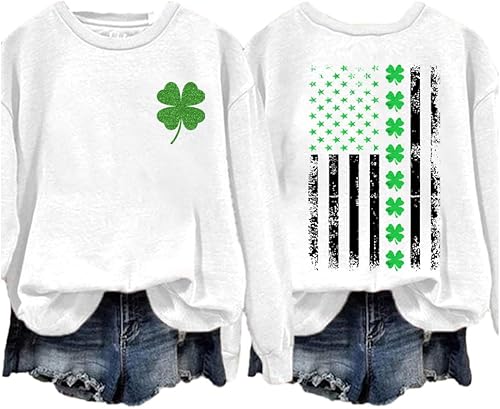 Fiogomis Sudadera con estampado de trébol de la bandera del día de San Patricio para mujer, divertida camisa irlandesa para mujer, trébol