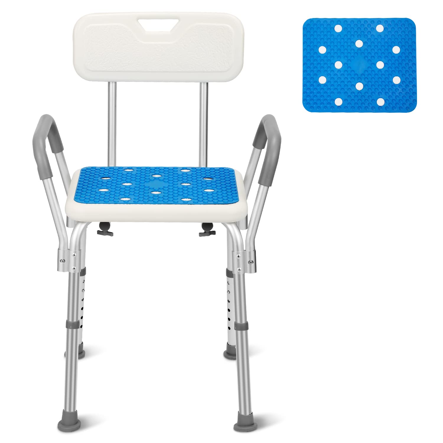 M1-GGP8887c taboret prysznicowy z podłokietnikami, oparcie, antypoślizgowe siedzisko łazienkowe i poduszka do siedzenia, taboret kąpielowy z regulacją wysokości 41-53,5 cm, krzesło prysznicowe