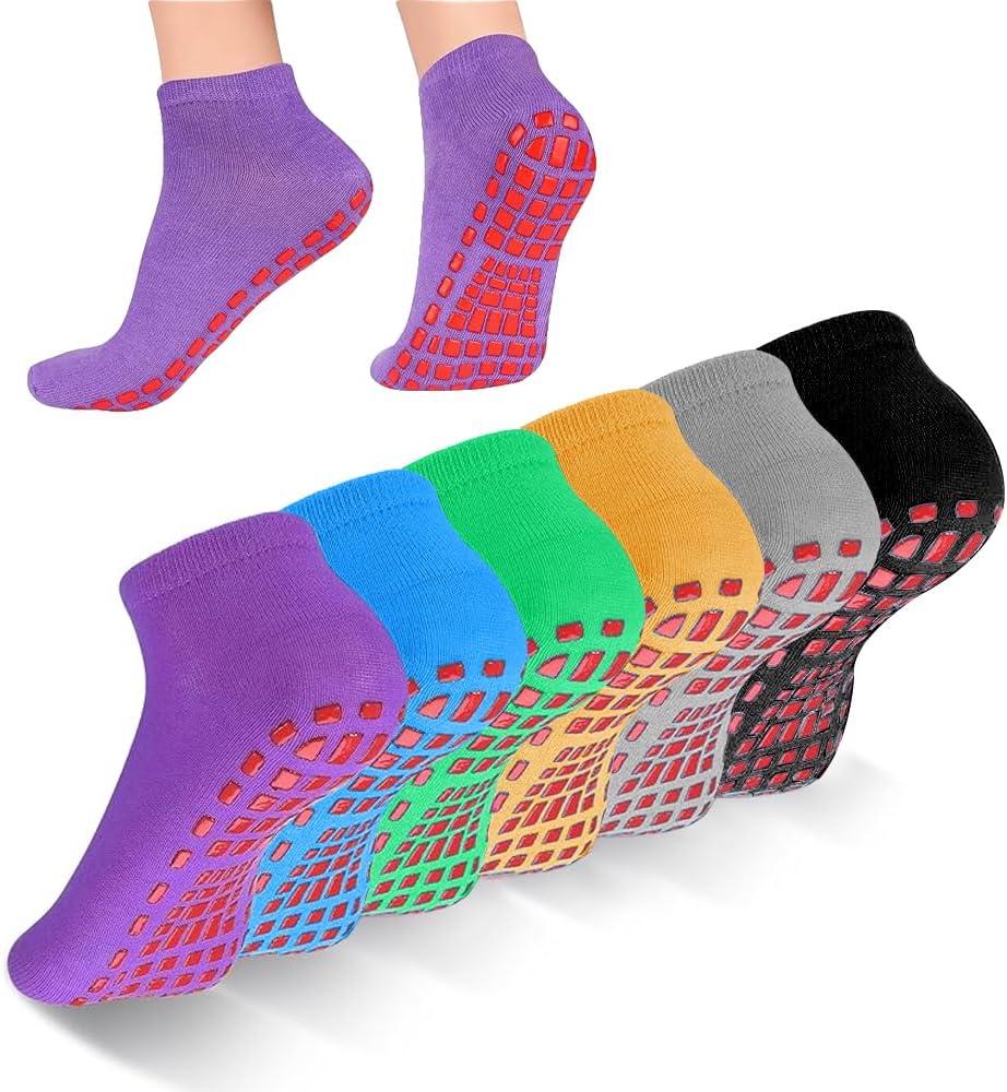 Puedno6 Pairs Non Slip Yoga Pilates Socks, Fitness Fall Prevention Grip Socks,Yoga Socks for Women Men, Anti Non Slip Slipper Socks with Grips for Ballet Pilates Home Sports, 6 Colors