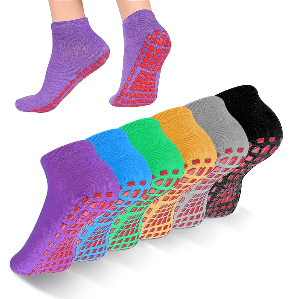 Puedno6 Pairs Non Slip Yoga Pilates Socks, Fitness Fall Prevention Grip Socks,Yoga Socks for Women Men, Anti Non Slip Slipper Socks with Grips for Ballet Pilates Home Sports, 6 Colors