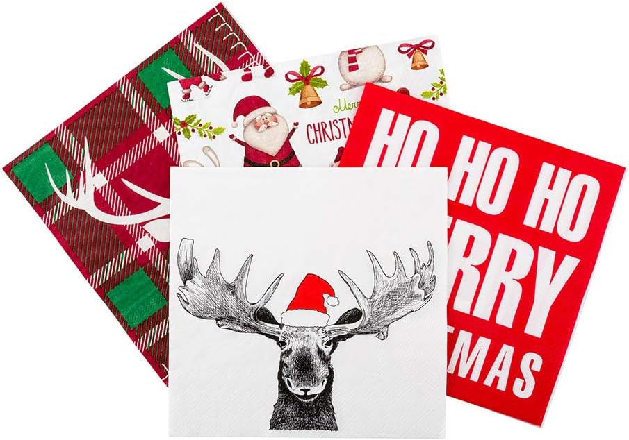 Restaurantware 13 Inch Paper Luncheon Napkins 500 Holiday Moose Design Printed Napkins - 3-Ply Textured Edges White Paper Decorated Napkins Soft And Strong For Parties Or Catering Events