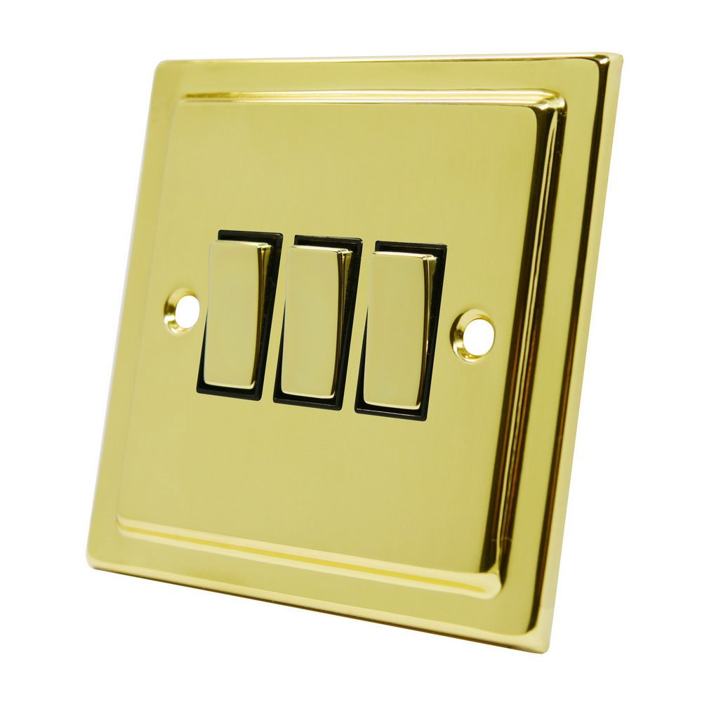 Victorian Polished Brass 3 Gang Switch Black Insert Metal Rocker Switch - 10 Amp Triple 3-Gang 2 Way Light Switch