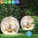 Material: Kunststoff, Glas 2er Set LED Solar Außen Steck Erd Spieß Lampen Terrassen Glas Kugel Leuchten
