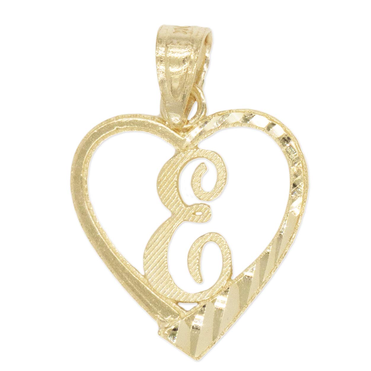 Ice on Fire Jewelry10k Solid Gold Initial Pendant in Heart Frame with Diamond Cut Finish, Available in Different Letters of Alphabet Personalized Charm for Women (E)