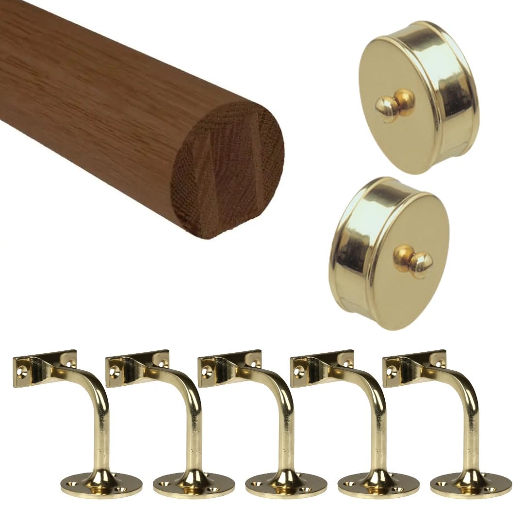 Jackson Woodturners Dark Hardwood Mopstick Handrail Kit with Brass Wall Brackets & Medium End Caps Stair Rail (4200mm + 5 Wall Brackets)