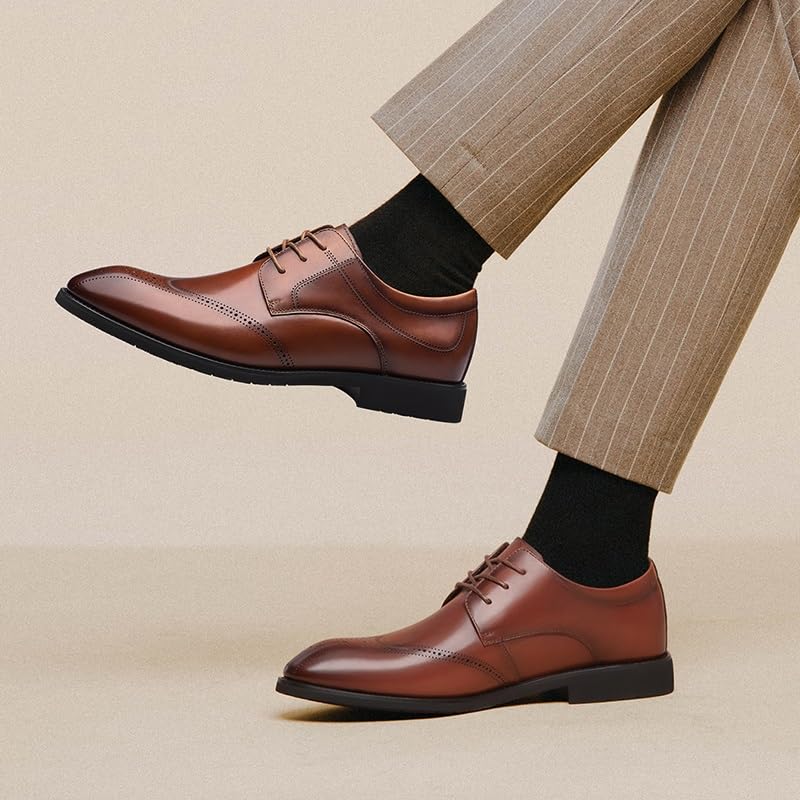 Oxford Dress Shoes for Men Lace Up Round Toe Wing tip Leather Derby Shoes Anti-Slip Rubber Sole Slip Resistant Low Top Block Heel Party3