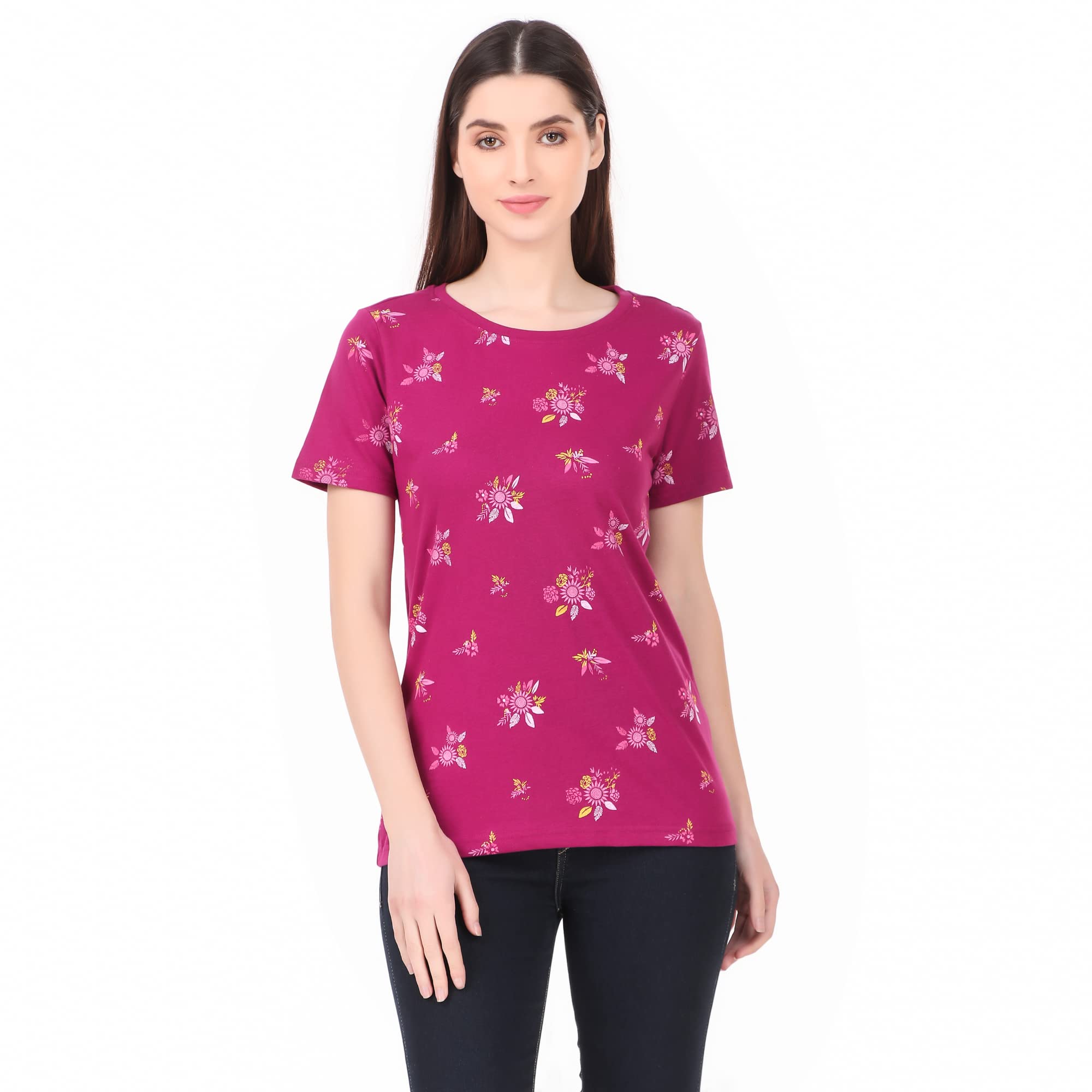 Women 100% Cotton Printed Tshirt in Ribbed Neck Includes Plus Sizes, Regular Fit and Half Sleeves (Sizes Small -5XL)