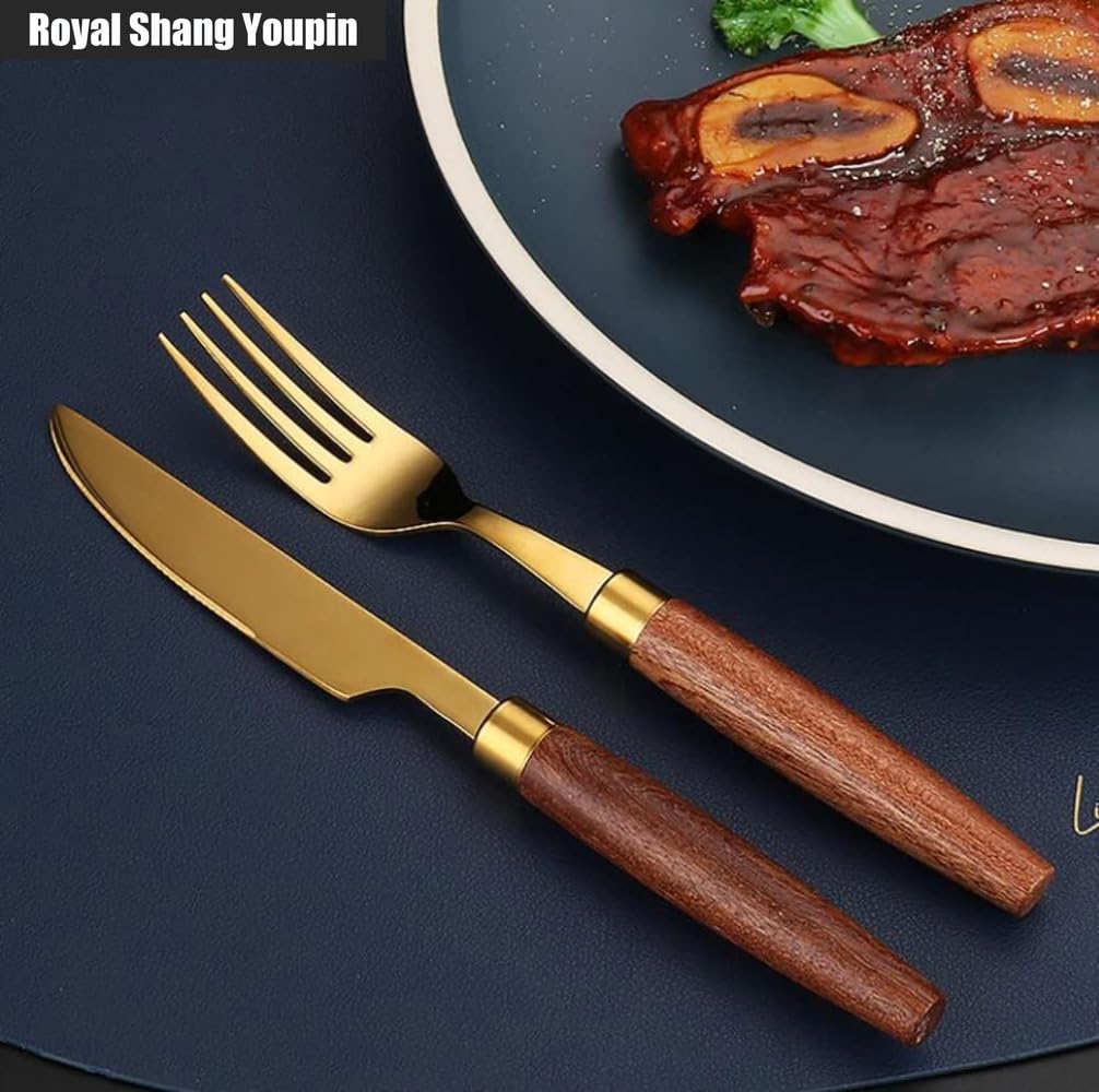 Unico Manico in Legno Da Cucina in Acciaio Inox Posate Posate Posate Set Coltello Da Bistecca Forchetta Cucchiaio Cucchiaino (Oro,16 pezzi)
