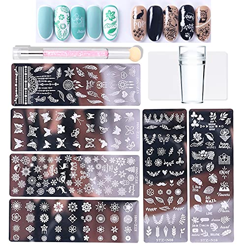 Freeorr 6Pcs Nail Stamp Template Plates Kit with Stamper Scraper and Nail Gradient Sponges Pen, Butterfly Flower Leaf Feather Snowflake Nail Stencil for Nail Art Design Decoration Manicure Supplies