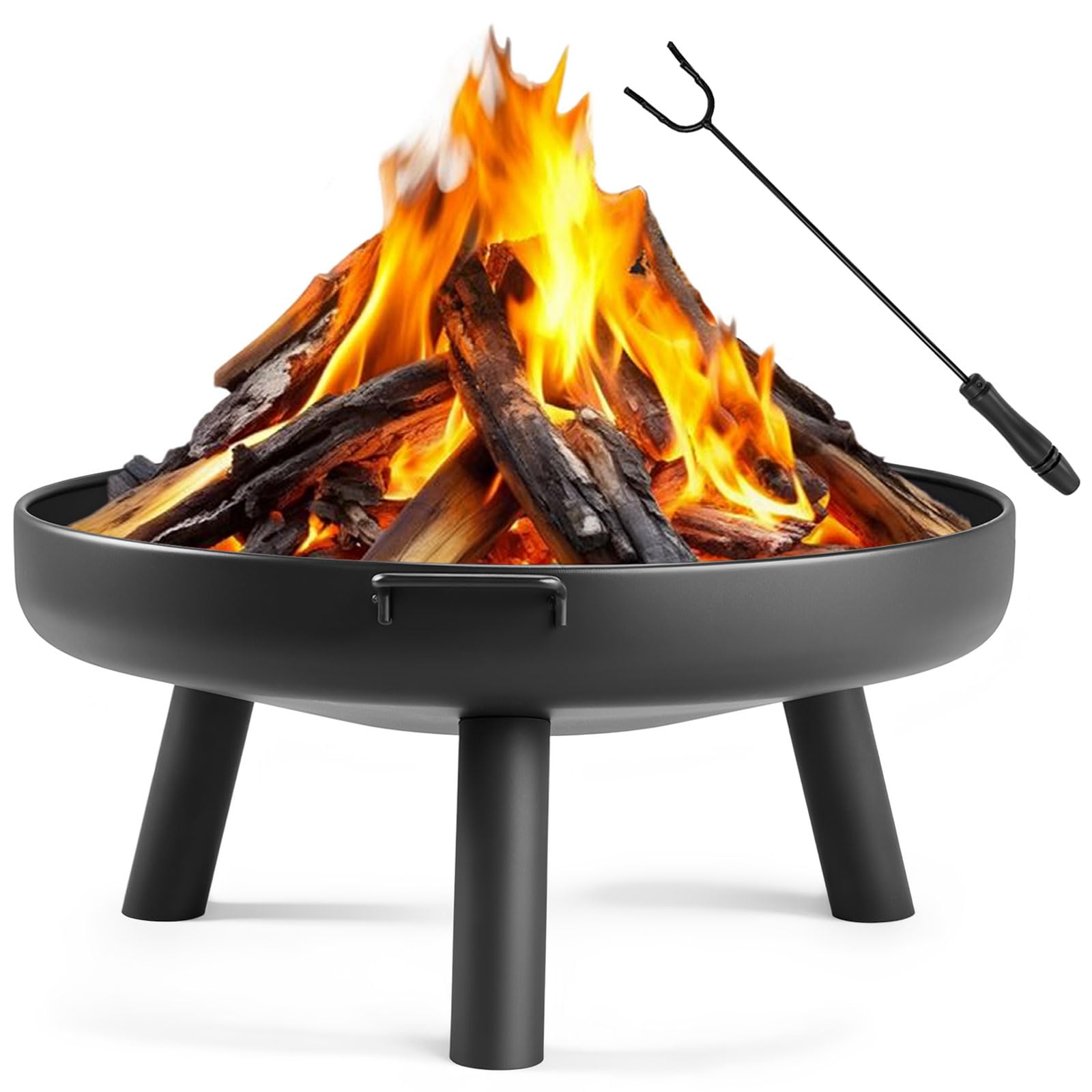 LEADZM Feuerschale Ø80 cm Eisenkonstruktion mit 2 Griffen Feuerhaken Feuerkorb für Holz Kohle Garten Terrasse Outdoor Schwarz