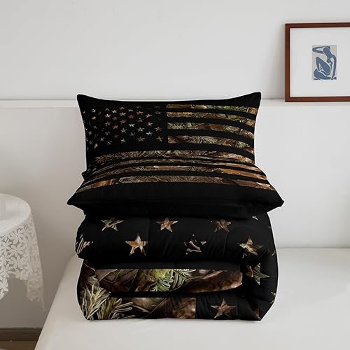 Miniatura 4 de Juego de edredón de camuflaje con bandera estadounidense, tamaño Queen, juego de ropa de cama de caza militar, diseño de hojas de árboles rústicos,