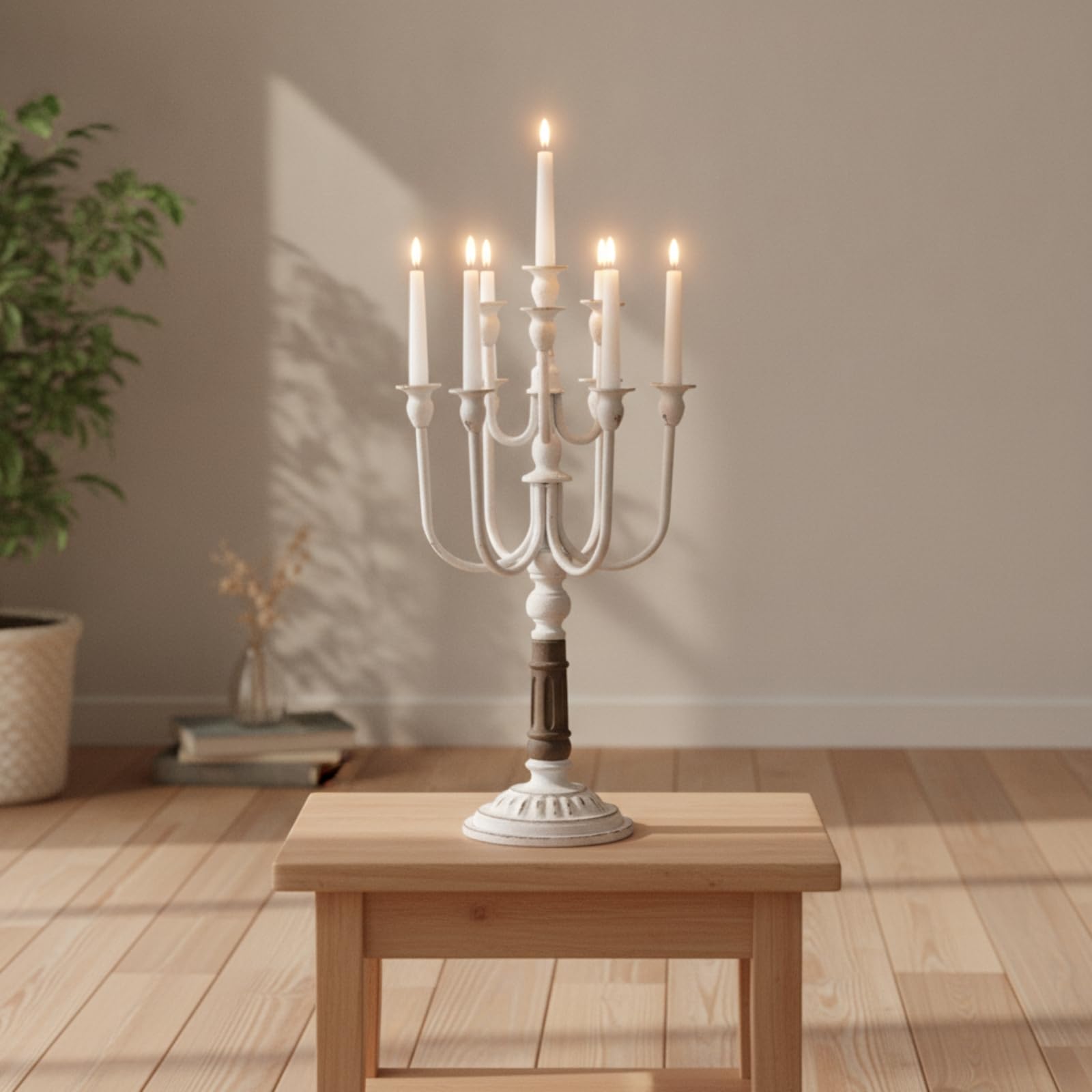 Candelabro Portacandele Candeliere Centro Tavola Decorazione in Ferro E Legno con Base Rotonda Stabile E Curvi Stile Rustico Francese Adatto Matrimoni Eventi, Bianco