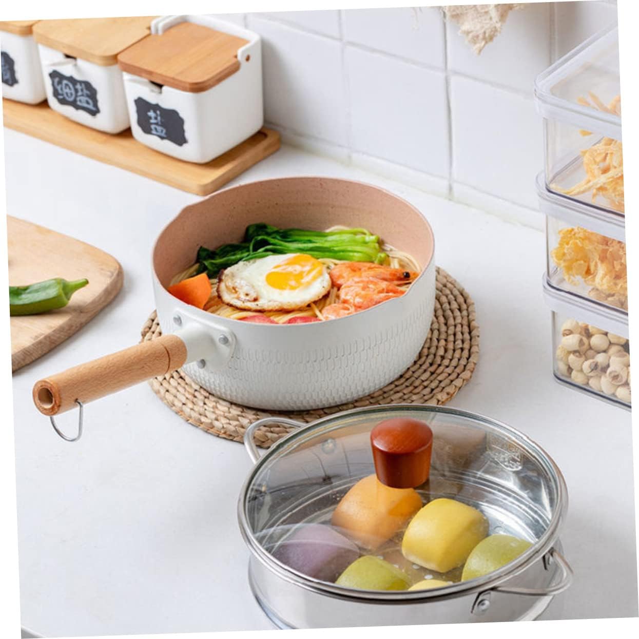 ABOOFAN 1set Nonstick Cooking Pot Ergonomic Handle and Leak Design White Saucepan Lid for Food and Household Use