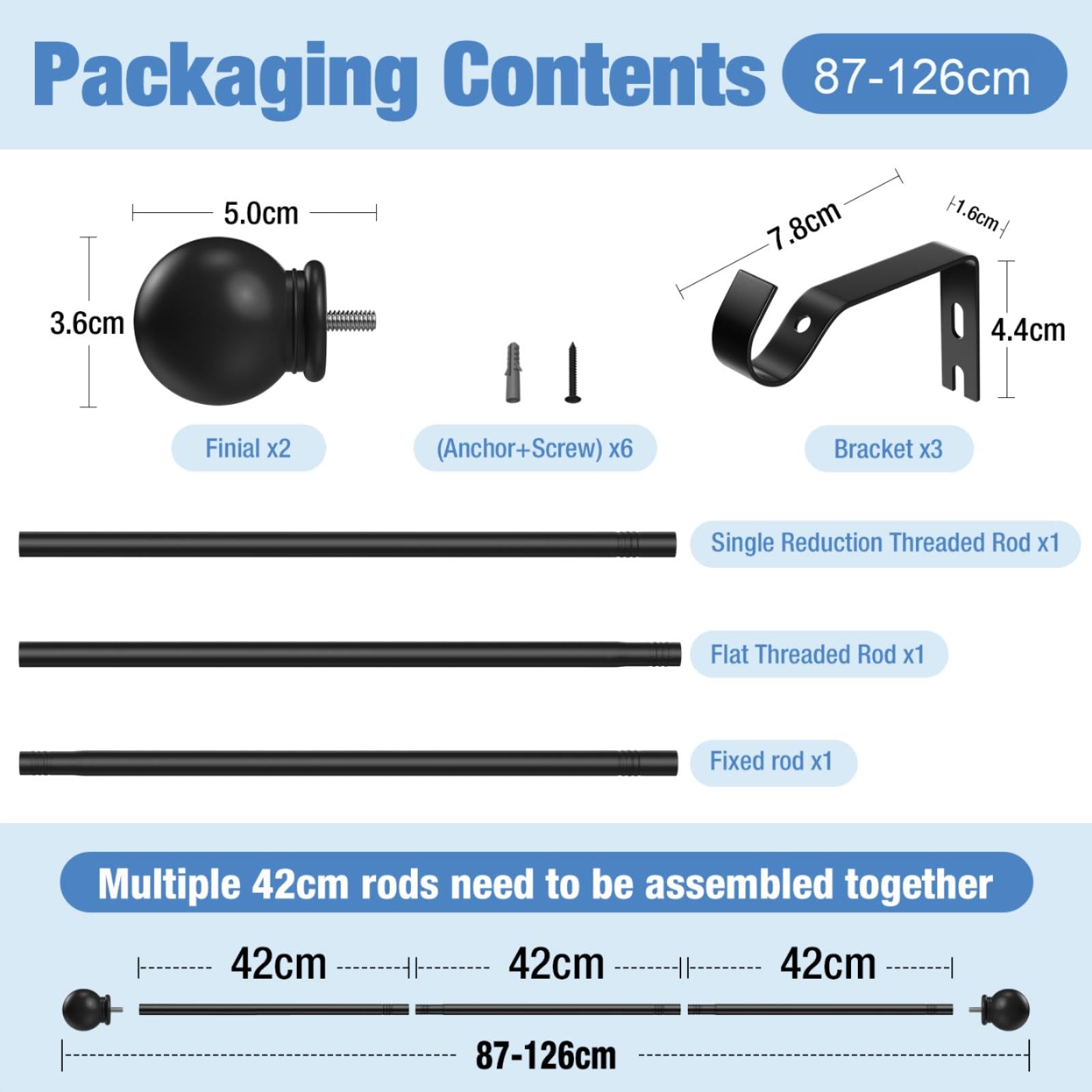 PeSenp Curtain Poles 87-125cm,Black Curtain Pole for Eyelet Curtains,16mm Curtain Rod with Round Finials,Adjustable Multi-Piece Metal Curtain Poles Includes Brackets & Fittings Set - Image 3