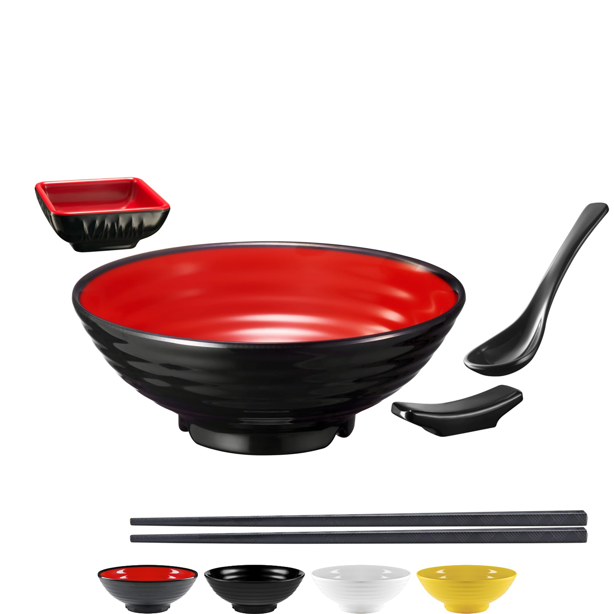 Unbreakable Ramen Bowl Set with Chopsticks and Spoon: 1 large Japanese Style Melamine Ramen Bowl, Dipping Bowl and Chopsticks and Stand for Asian Pho Soup Thai Miso Udon Wonton (1 Bowl Set, Red-Black)