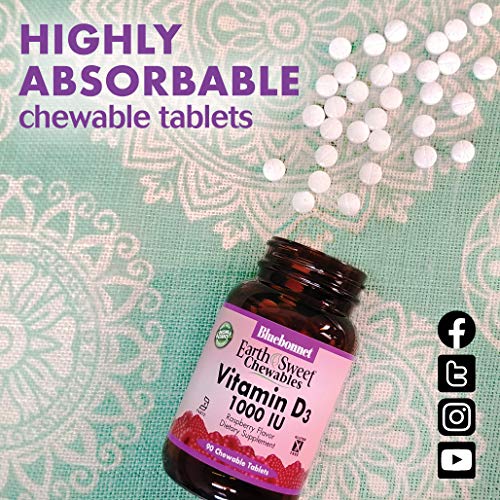 Bluebonnet Nutrition Earth Sweet Vitamin D3 5000 Iu Chewable Tablets, Aids In Muscle & Skeletal Growth, Non Gmo, Gluten & Soy & Milk Free, Kosher, Raspberry, White, 90 Count #TOP4