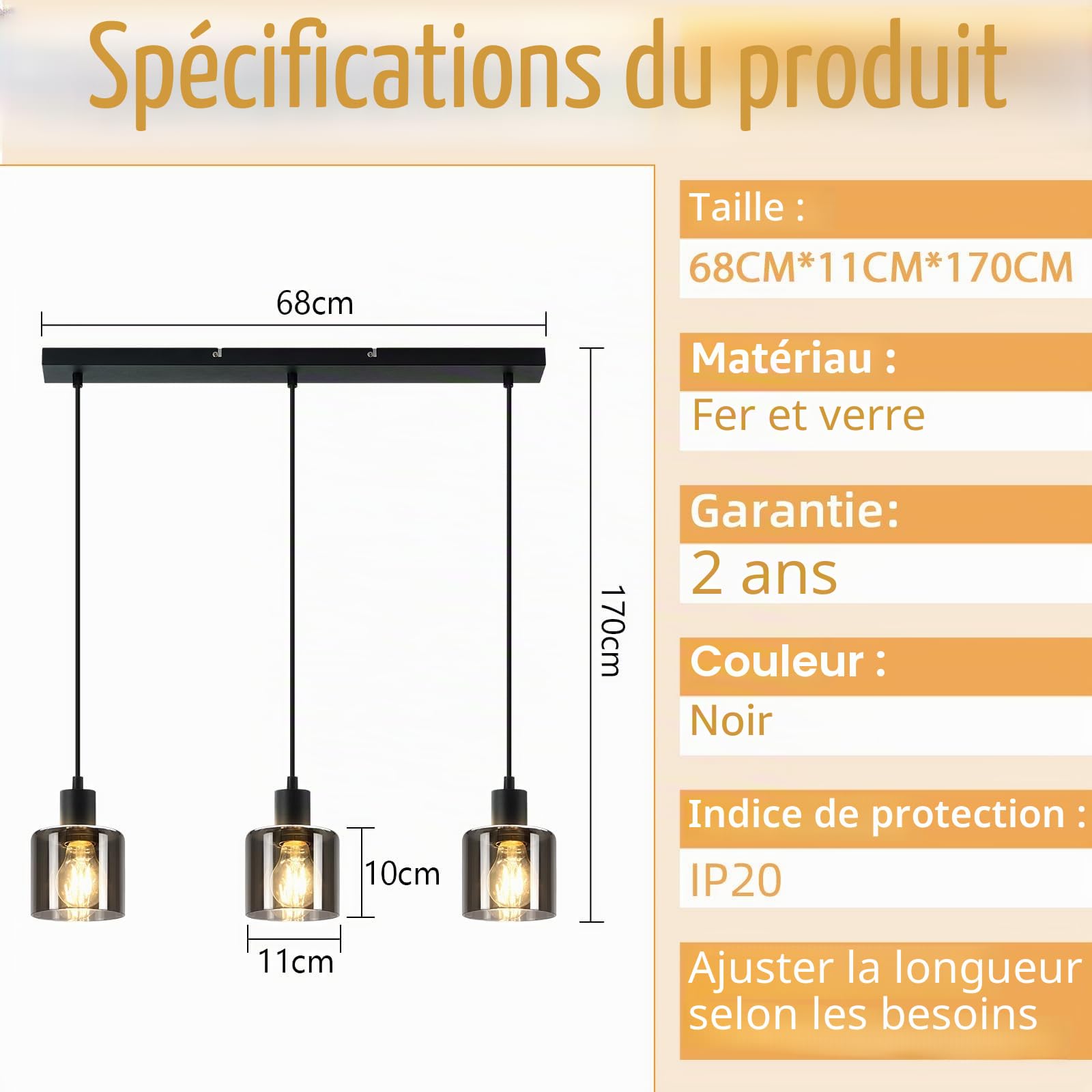 ZMH Lampe suspendue de table de salle à manger Noir - Lampe de table de