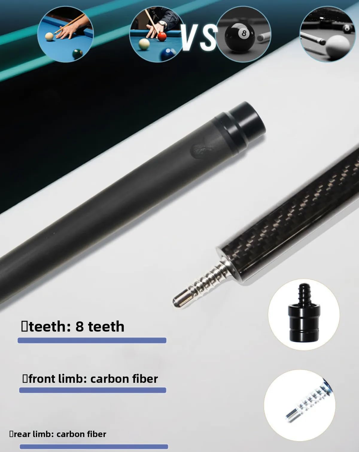 3K Diagonal Carbon Fiber Black Eight Pool Cue - 11,8 mm pręt uderzający z przedłużonym paskiem, lekki, profesjonalny kij bilardowy do domu/klubu