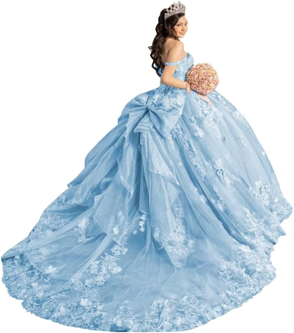 Vestidos de quinceañera con Tirantes Finos y Lazo Tul Brillante Flores 3D y Vestidos de Fiesta de quinceañera. MT040