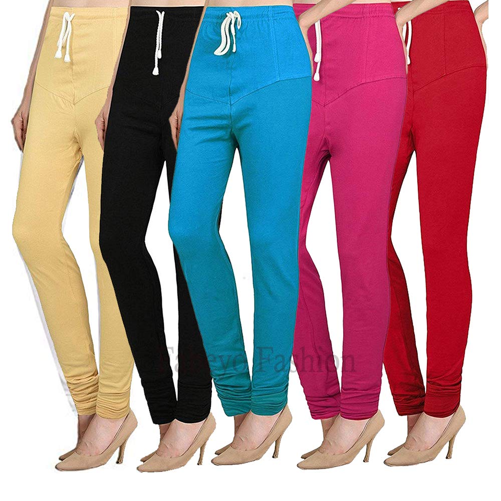 Premium Quality Ruby Churidar Leggings For Women's Free Size Combo (Pack of 5) Skin,Black,Dark Pink,Sky Blue,Red