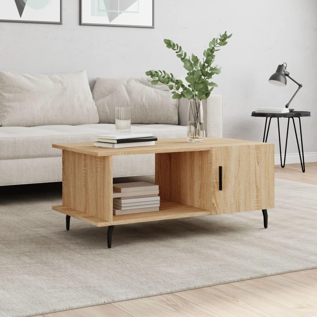 Table basse en chêne Sonoma et fer 90x50 cm avec rangement pour salon