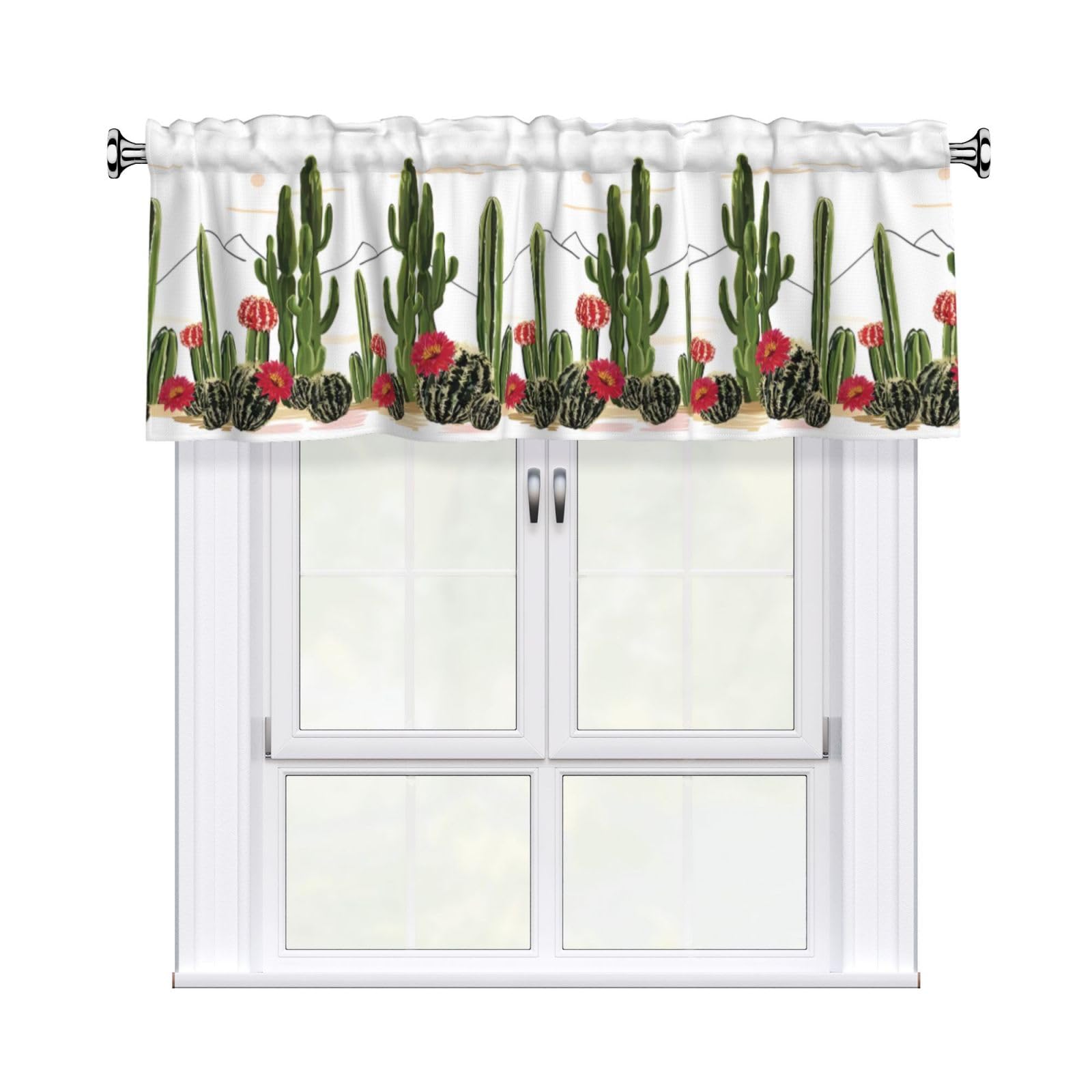 HJFCZH Tropical Blooming Cactus Prints Curtain Valance 54x18in - Peach Skin Kitchen Window Layer, Filtered Light & Quick-Install Rod Pocket Cover
