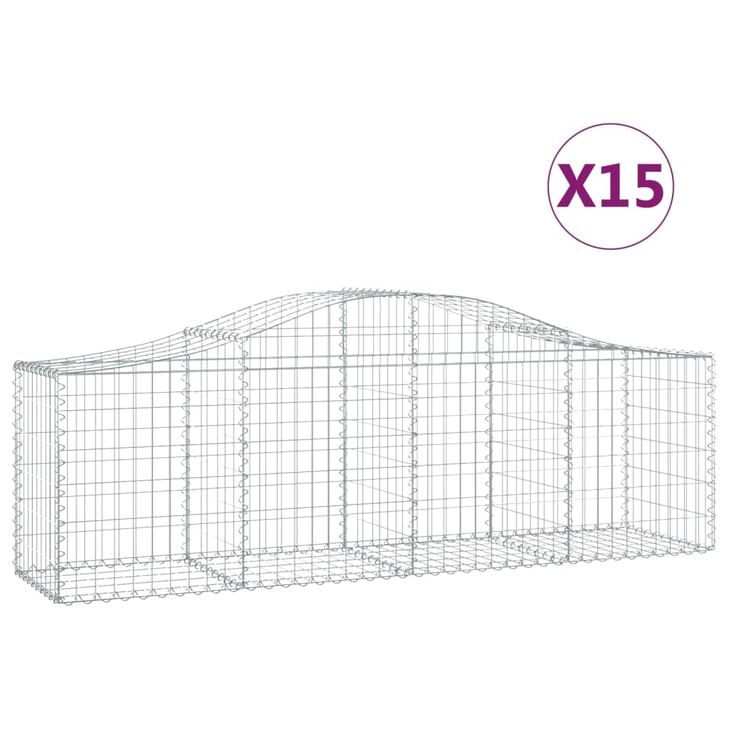 Kosze gabionowe 15 sztuk 200 x 50 x 60 / 80 cm Srebrne ocynkowane żelazo, dekoracyjne gabiony ogrodowe ze wzmocnionymi haczykami, bariery dźwiękochłonne do użytku na zewnątrz