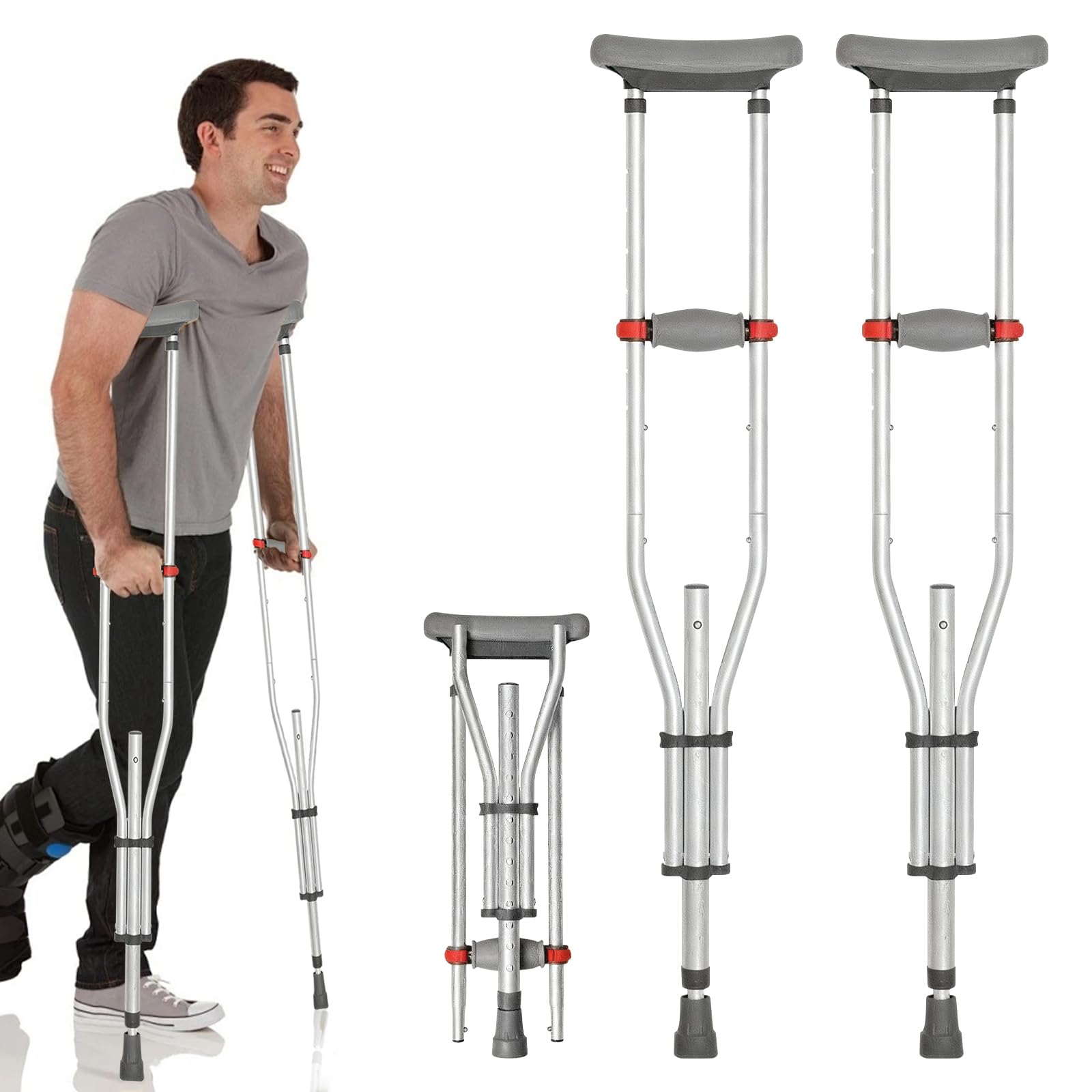 Muletas para Axilas, Plegables Muletas Adulto Altura Ajustable, Capacidad de Carga 150 KG, Muletas de Aluminio con Apoyos Blandos para Antebrazos y Manos, 1 Par