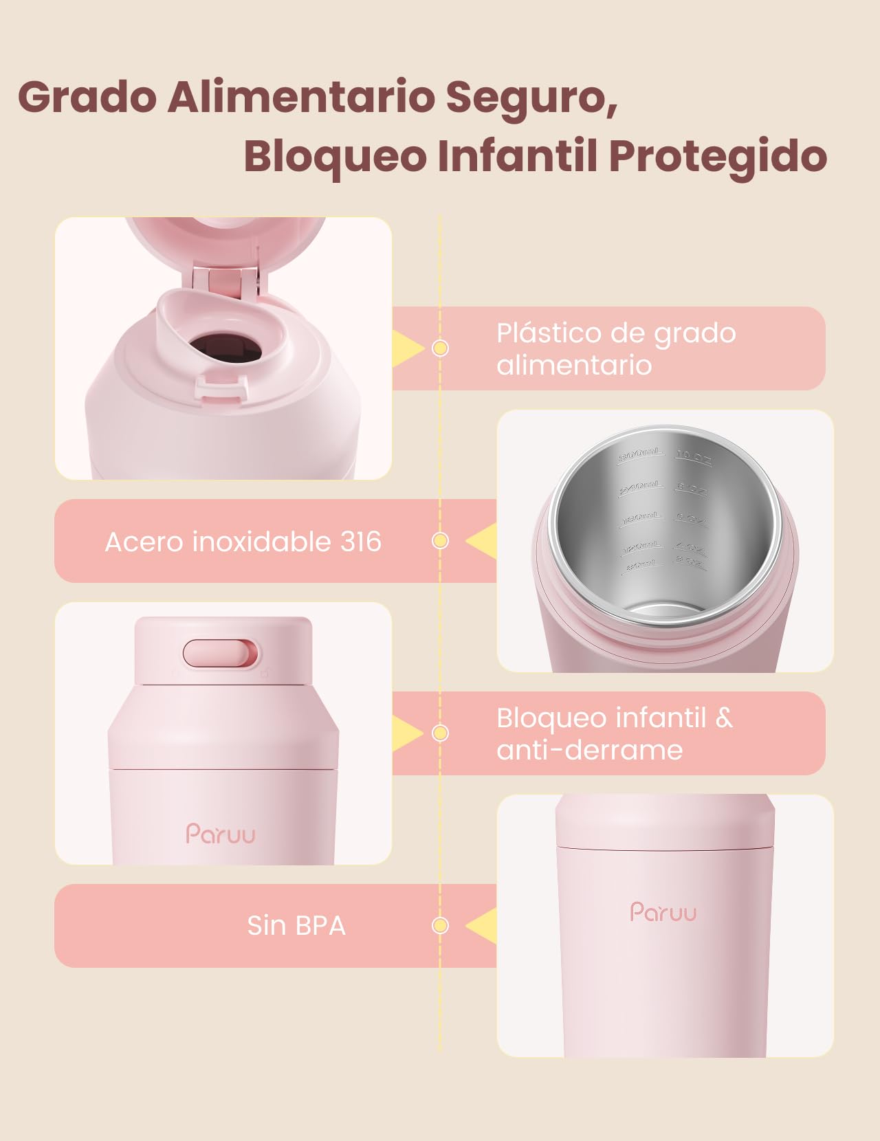 Paruu Calienta Biberones Portatil para Viaje, Boca Ancha Fácil de Limpiar, Calentamiento Rápido en 2 Minutos, 7 Niveles de Regulación de Temperatura, Capacidad 350ml, Rosa