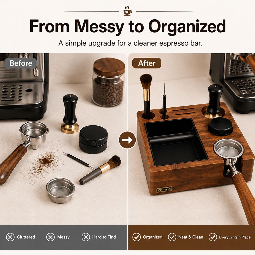 Espresso Tamperstation 58 mm z knock Box, z drewna orzecha włoskiego | Stacja tampingowa do espresso, stacja barista do ubijania z pojemnikiem, do sitka, tampera, rozdzielacza, sitka