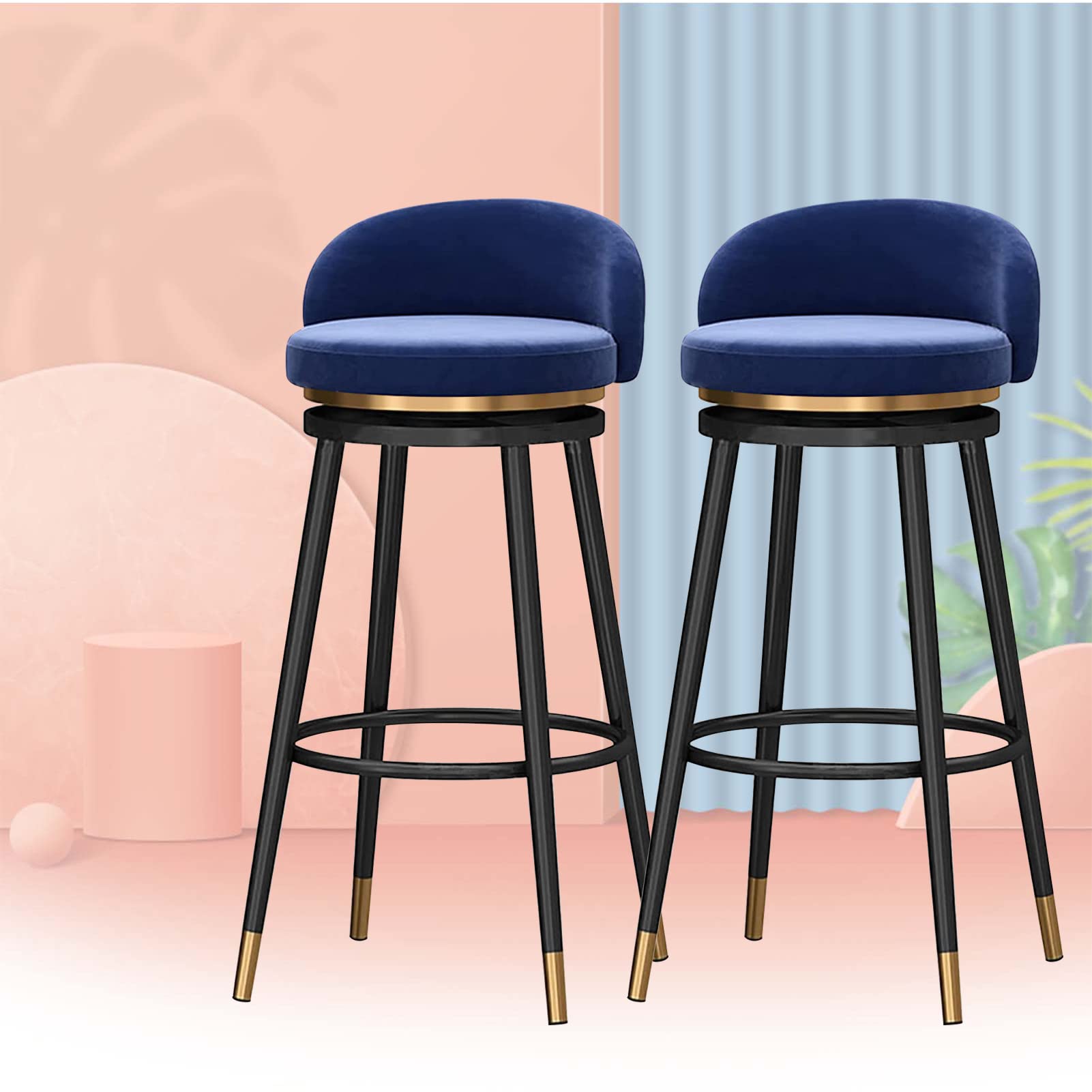 Chaises de bar velours lot de 2 rembourrées de 65 cm avec dossier et repose-pieds de cuisine