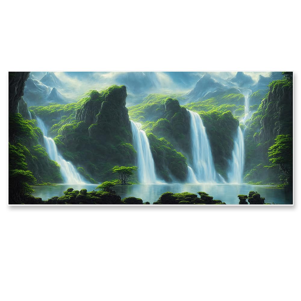 DEKORSTATION Large Forest Waterfall Nature Landscape Scenery Floating Frame Canvas Wall Painting|Beautiful Wall Paintings for Living Room, Bedroom, Office, Hotels | 18x36 inch Canvas Painting