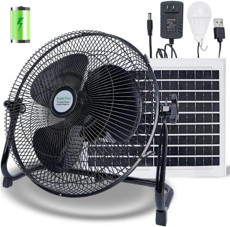 12 Inch Floor Fan with Battery, Solar Panel 15W & AC Charging 3 Speed High Velocity Fan, Long Battery Life, for Bedroom, Office, Workshops & Outdoor, with LED Light, 180°rotation - Black