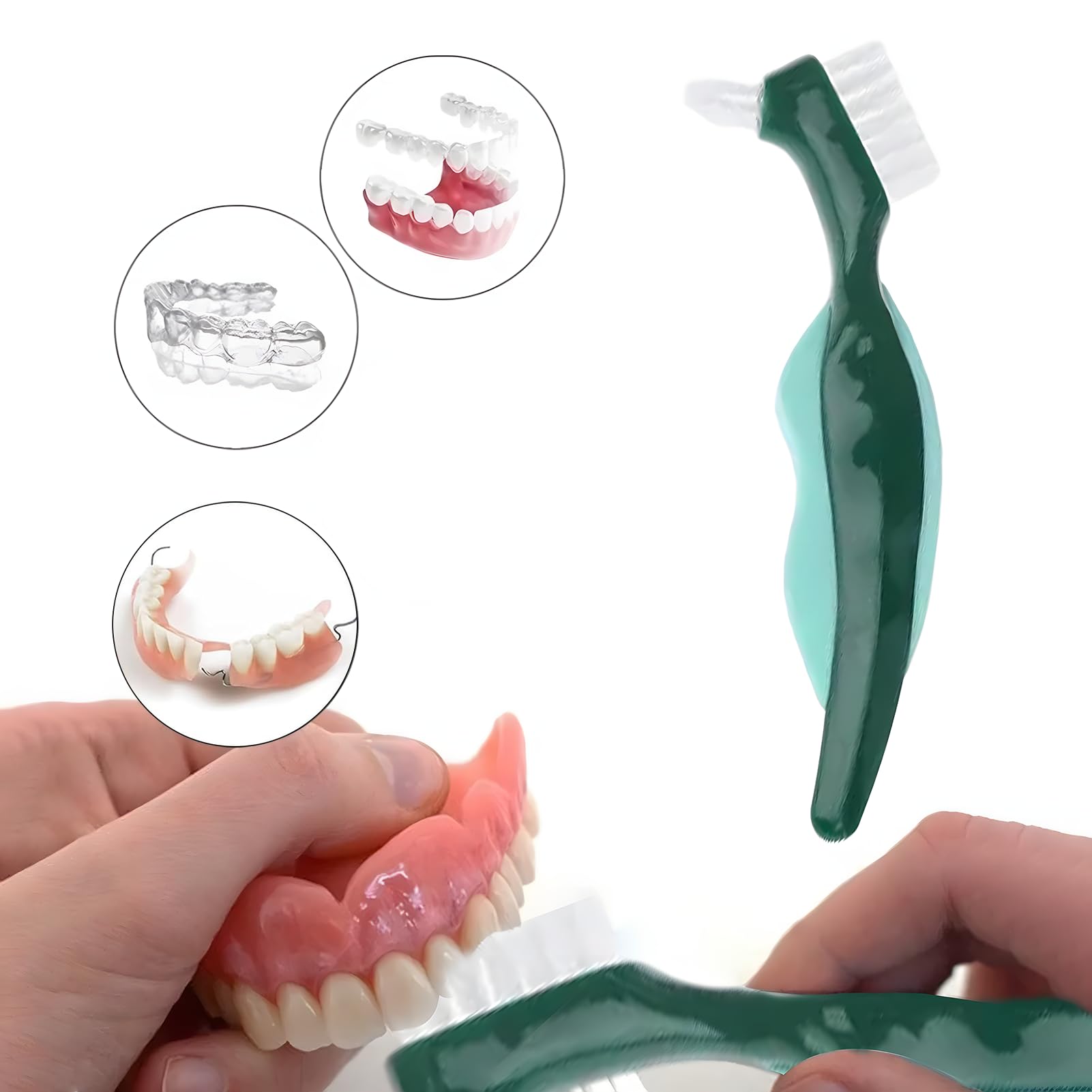 3pcs Spazzola Pulizia Dentiera, Spazzolino per Dentiera a Doppia Testa, Spazzole Protesi Dentale con Setole Multistrato, Spazzolino a Setole Dure per Denti Finti Ergonomico per Protesi Care