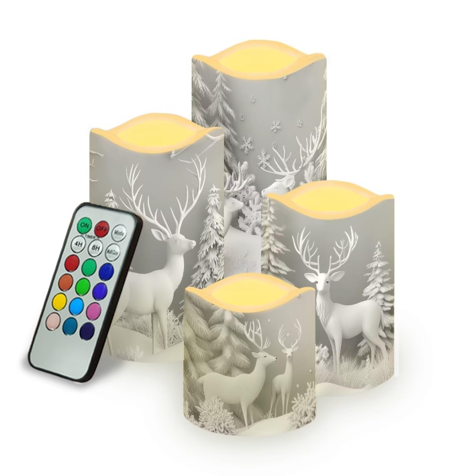 Flameless Pillar Candles with Remote and Color Changing Christmas Decorations for Home Fake Battery Operated Candle Electric LED Lights Candles for Home Kitchen Deer Snow