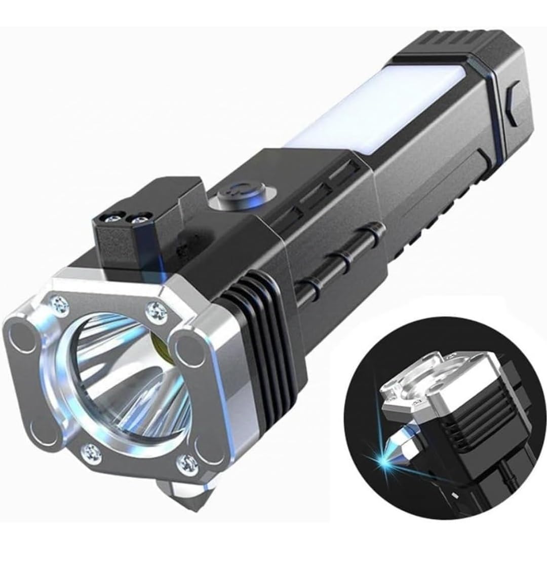 Hasruna Enterprise LED 3W Torch Light Rechargeable Torch Flashlight,Long Distance Beam Range Car Rescue Torch with Hammer Window Glass and Seat Belt Cutter Built in Mobile USB Fast Charger.-image-7