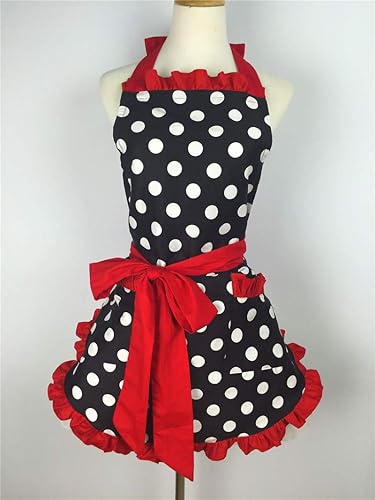 Miniatura 3 de Hyzrz Lindo delantal retro negro con lunares retro con volantes laterales, delantales de cocina vintage con bolsillos para mujeres y niñas (lado