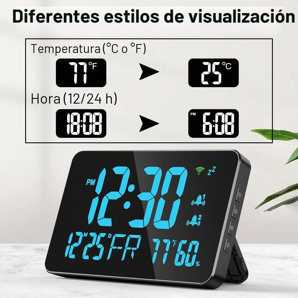 Reloj despertador Wifi con termómetro higrómetro inteligente, calendario digital, pantalla LED transparente para dormitorio cabecero (BLUE)