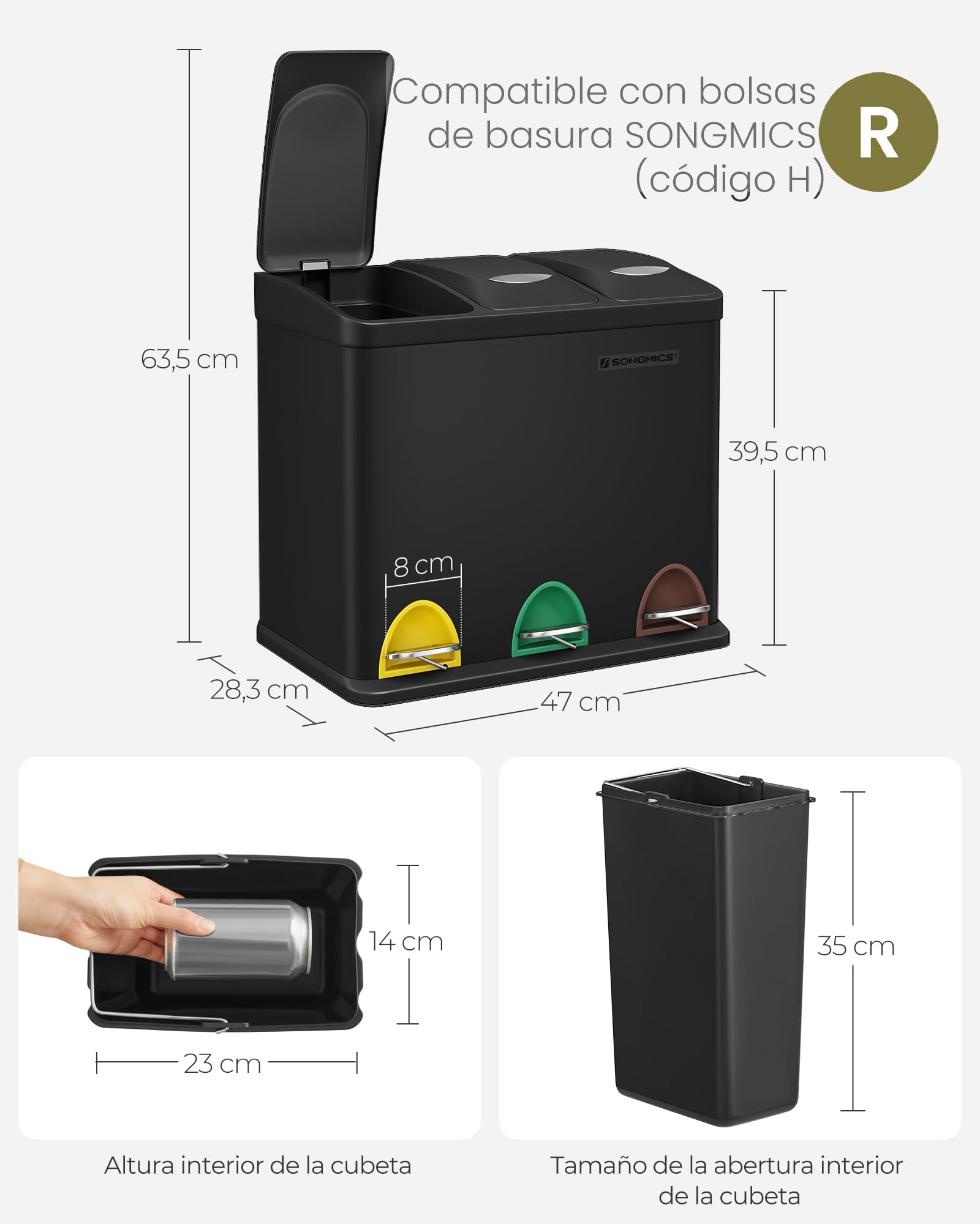 SONGMICS - Papelera de cocina, 3 x 8 L, pequeño volumen, tapas, basura triple de acero, para pequeñas familias, pedales y cuartos, fácil de limpiar, negro LTB24BK
